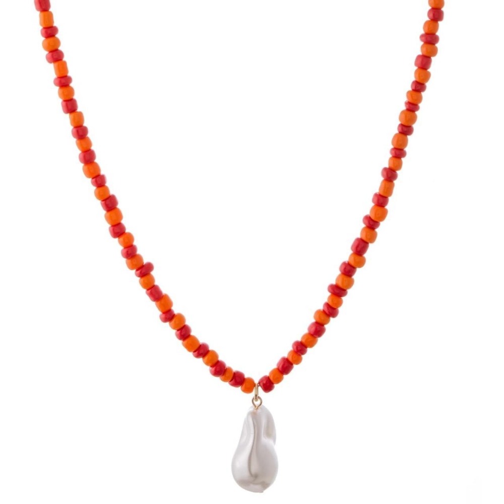 Beaded Pearl Drop Necklace-Orange and Red